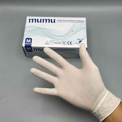 Protective disposable examination gloves made of natural latex, powder-coated, non-sterile